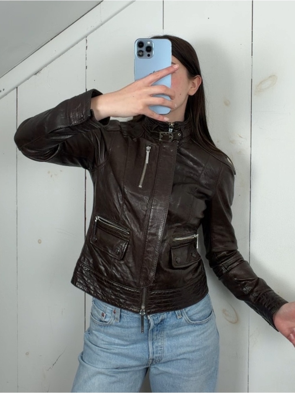 Tory Burch Brown Leather Moto Jacket Women’s Size 2 XS/S Buckle Funnel Neck Y2K